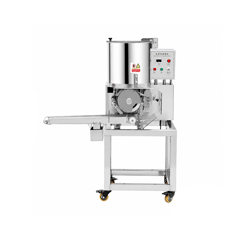 Jiaxuan JX-100 patty former with feeding hopper, forming area and discharge conveyor