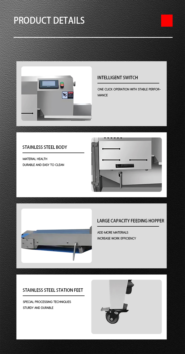 JX-140 cooked meat slicer control panel stainless steel body conveyor and caster details